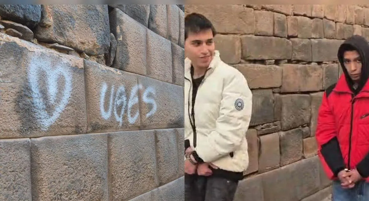 Capturan a dos hombres por pintar con aerosol muros incas del Aqlla Wasi en el centro histórico de Cusco