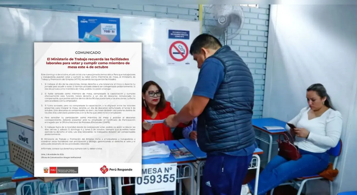 ERM 2026: estas son las facilidades laborales para electores y miembros de mesa este 4 de octubre, según el MTPE
