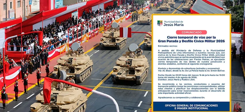 Gran Parada Militar 2026: cierran tramo de la av. Brasil por montaje de tribunas para desfile de Fiestas Patrias
